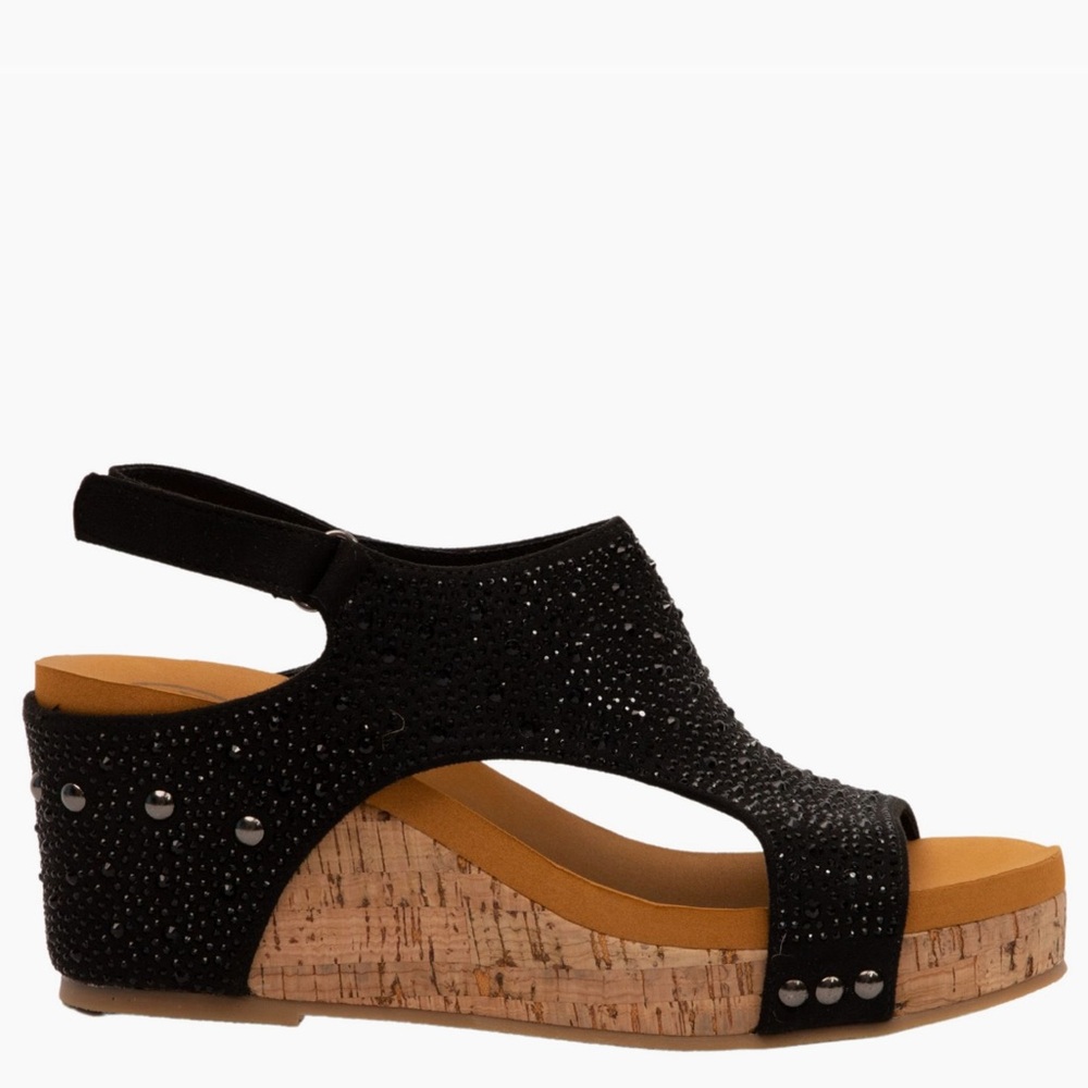 Made In Colombia Barbara Black Rhinestone Embellished Cork Sandal Wedges